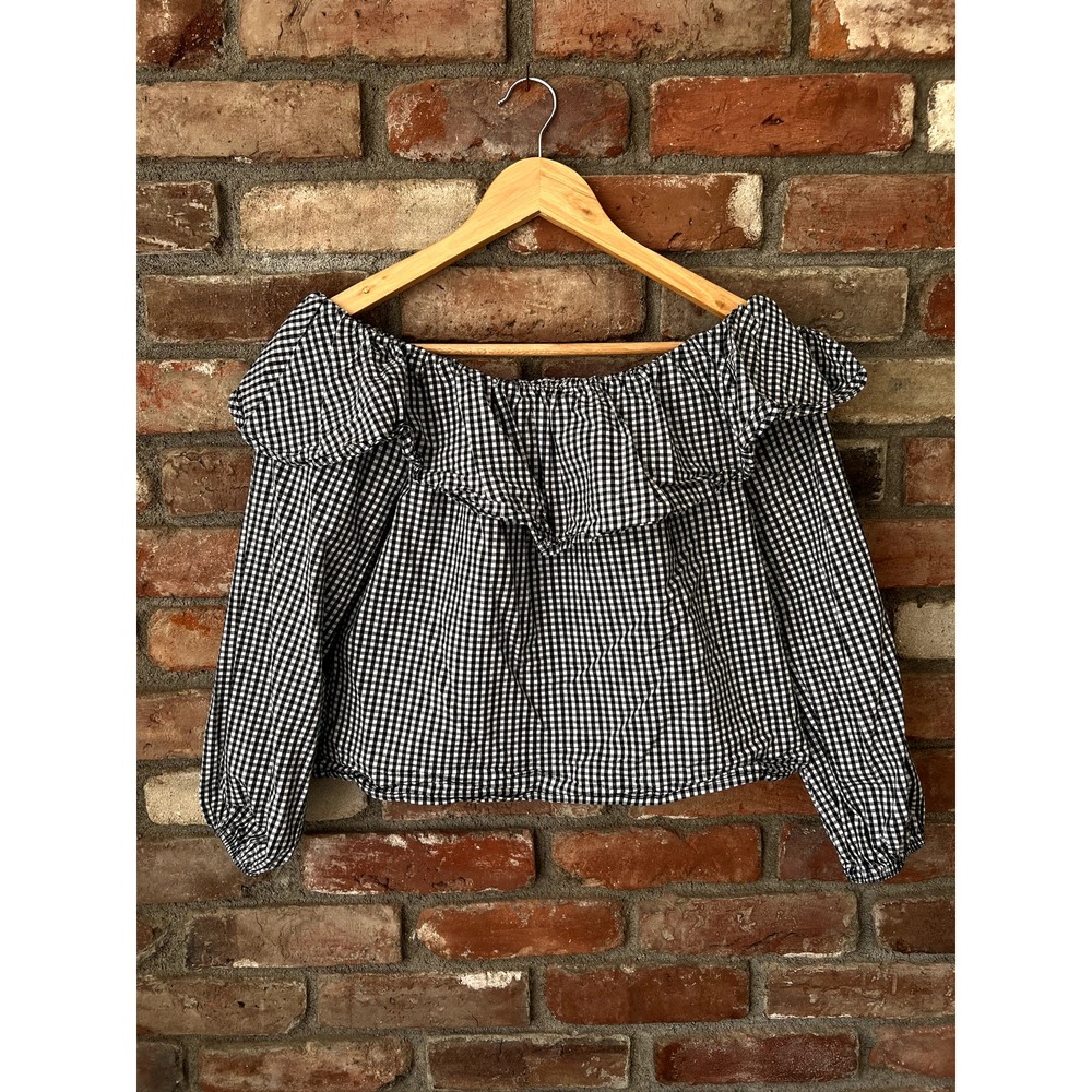 Blue Blush Off The Shoulder Cropped Gingham Top - Size Small/Medium